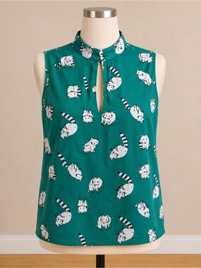 ModCloth Teal Sleeveless Keyhole Blouse with White Raccoon Print